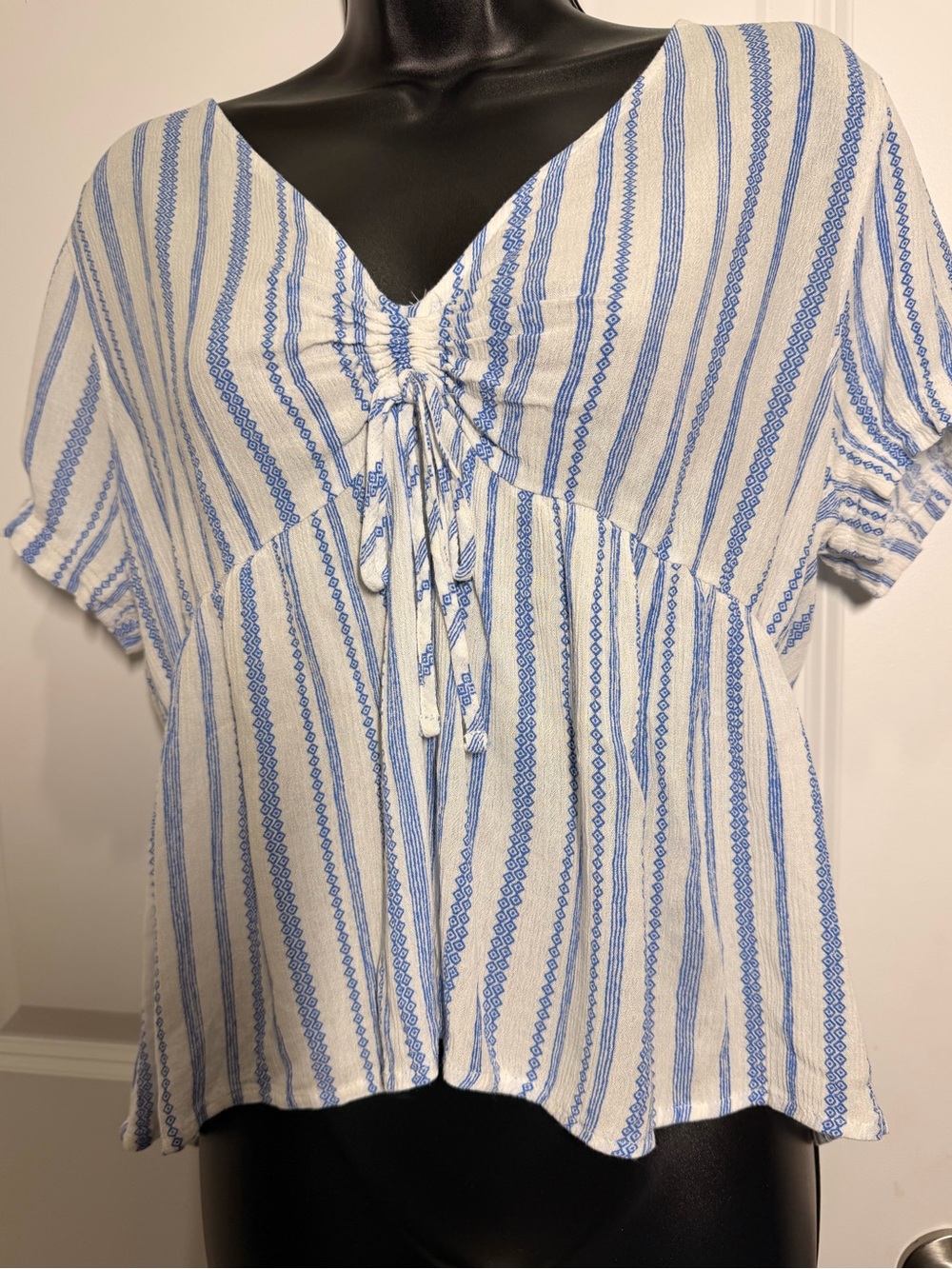 SO Striped Blue & White Tie-Front V-Neck Blouse